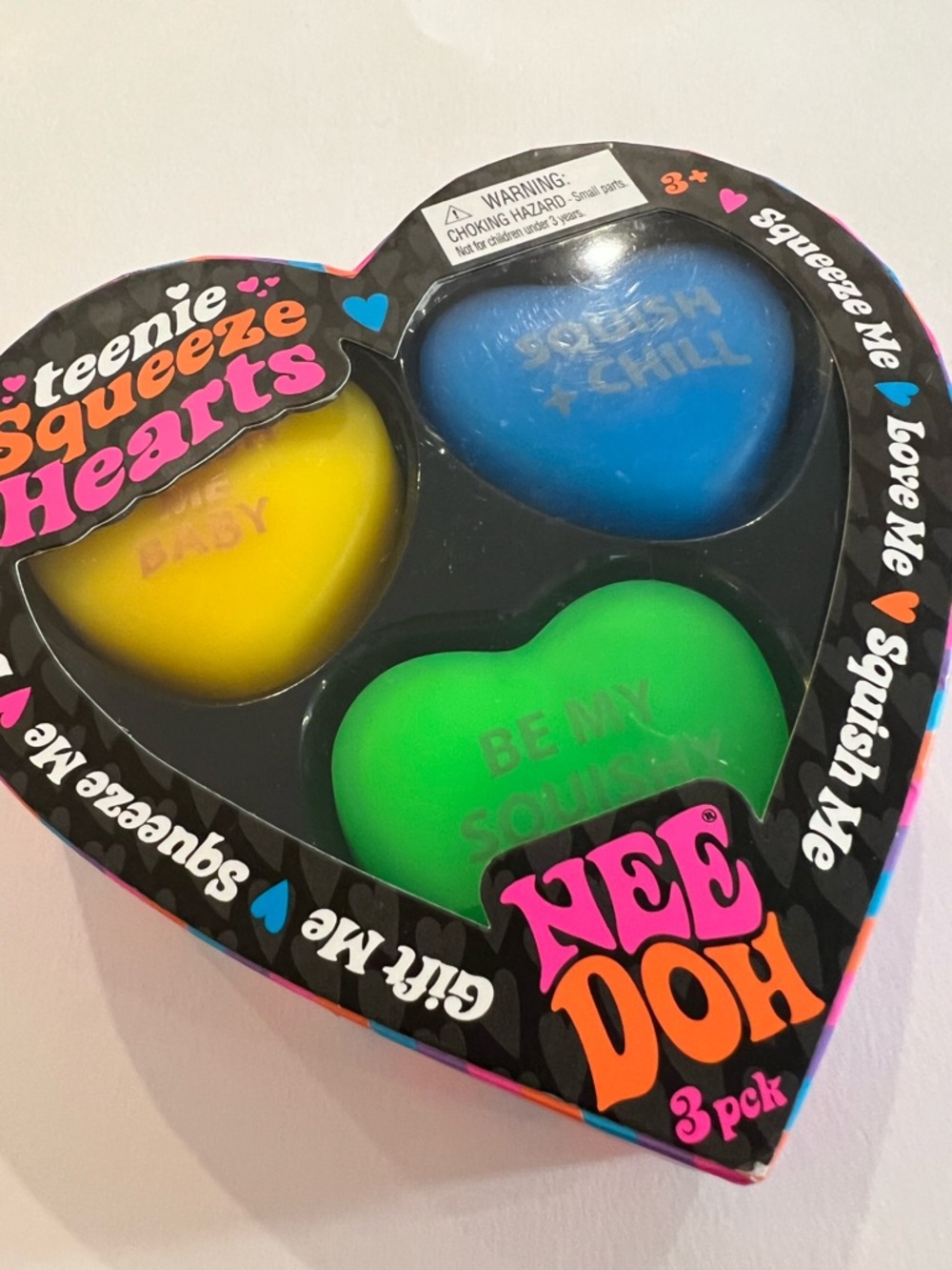 Needoh teenie Squeeze Hearts 3 pack. Hard to find! Yellow, blue, green. NWT
